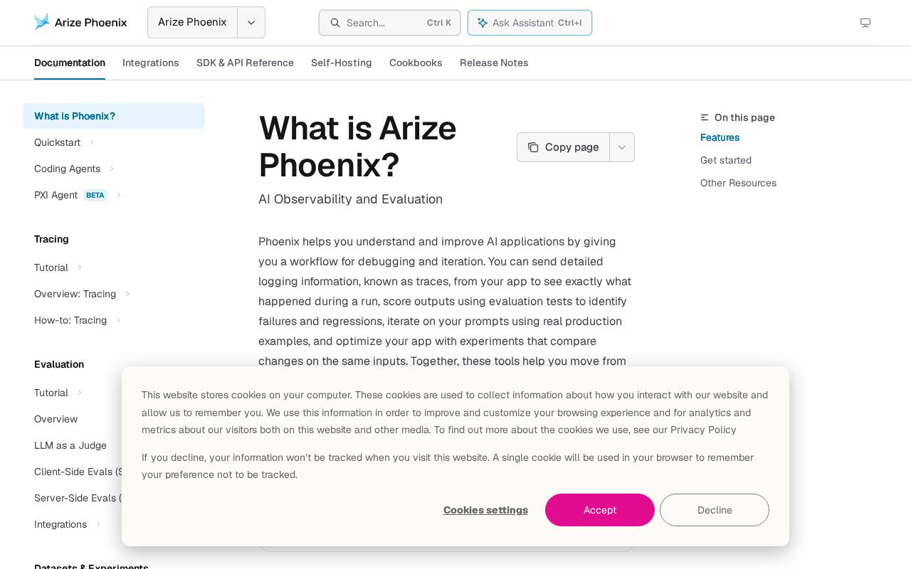 Desktop screenshot of the Arize Phoenix website, captured Oct 19