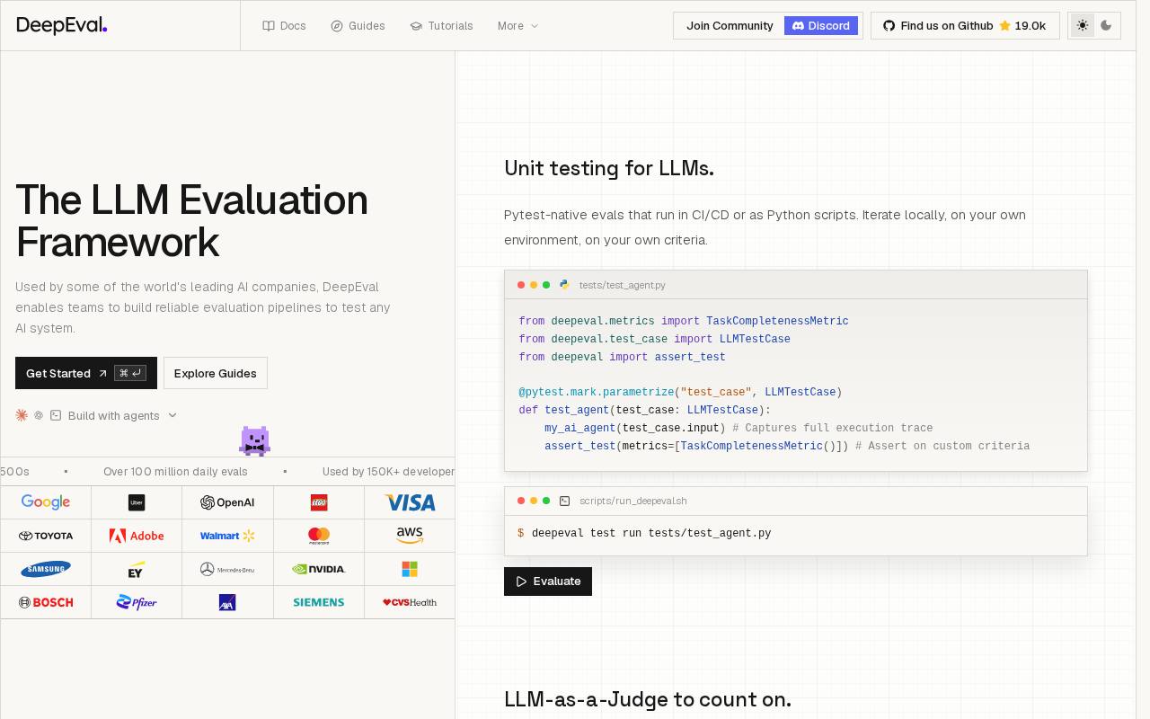 Screenshot of the DeepEval website