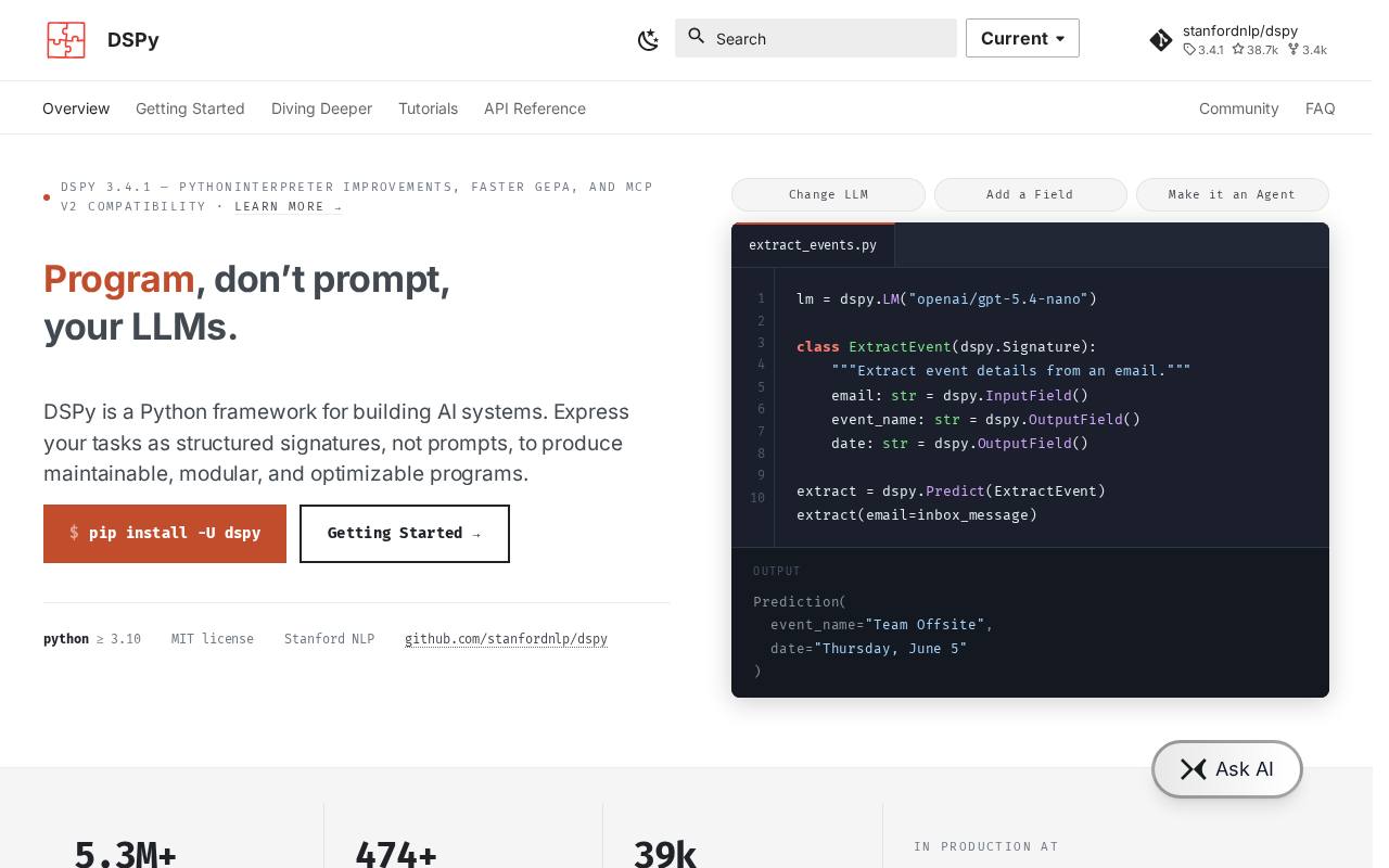 Screenshot of the DSPy website