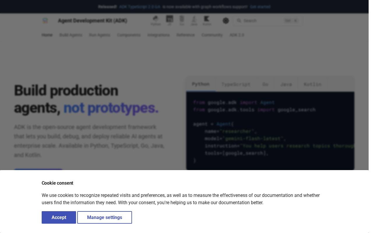 Desktop screenshot of the Agent Development Kit (ADK) website, captured Oct 19