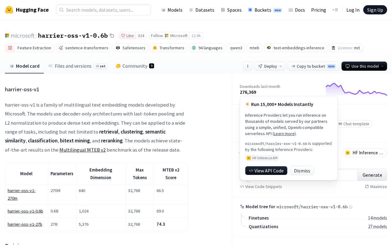 Screenshot of the Harrier OSS v1 0.6B website