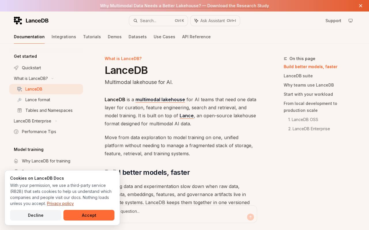 Screenshot of the LanceDB website