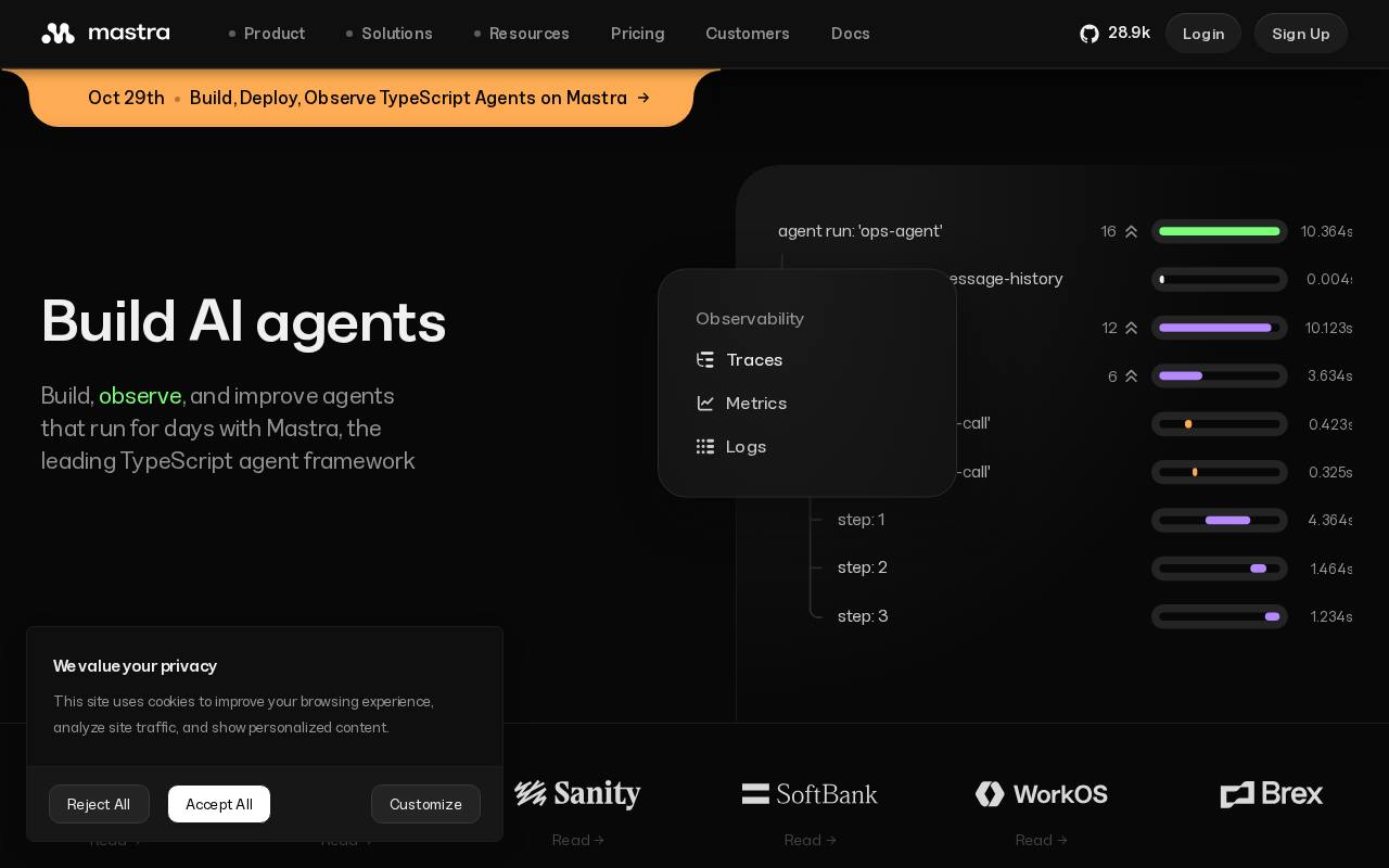 Screenshot of the Mastra website