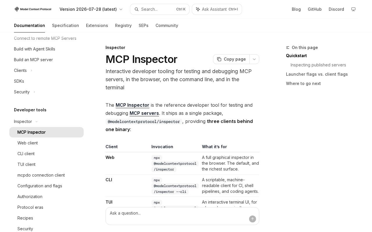 Screenshot of the MCP Inspector website