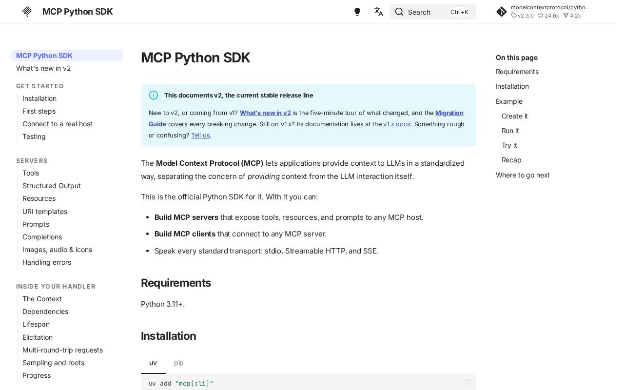 Screenshot of the MCP Python SDK website