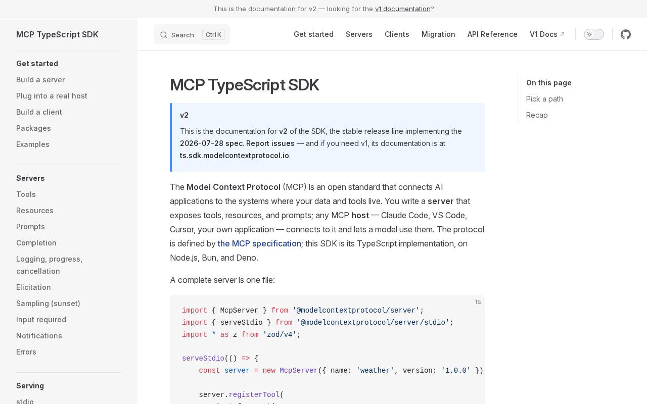 Screenshot of the MCP TypeScript SDK website