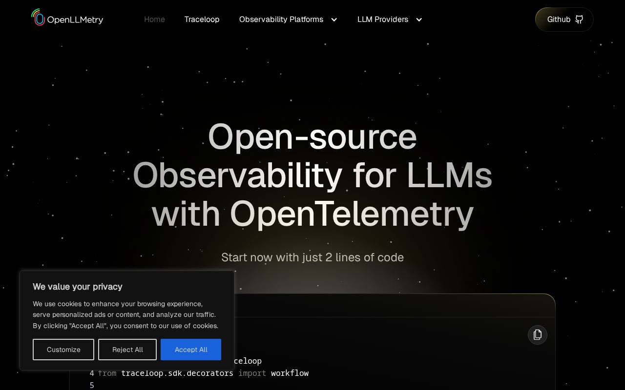 Screenshot of the OpenLLMetry website
