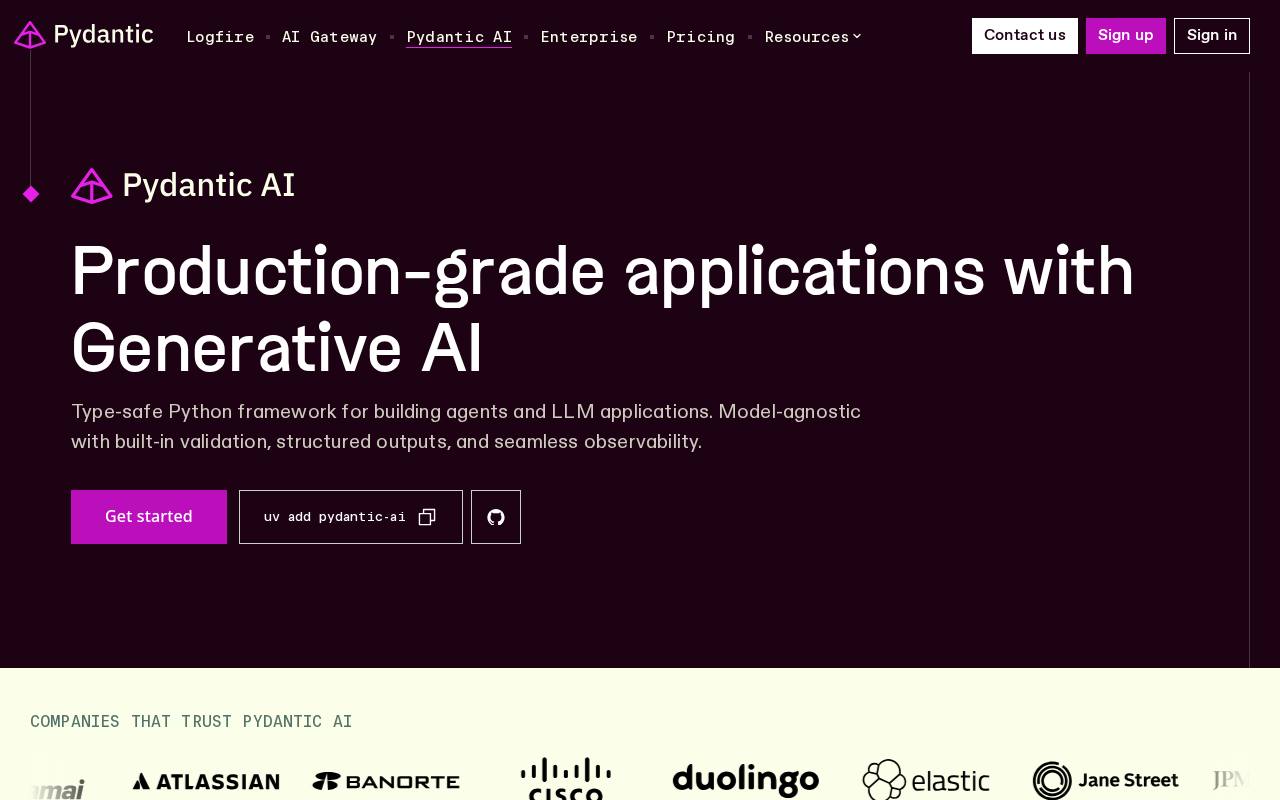 Screenshot of the Pydantic AI website