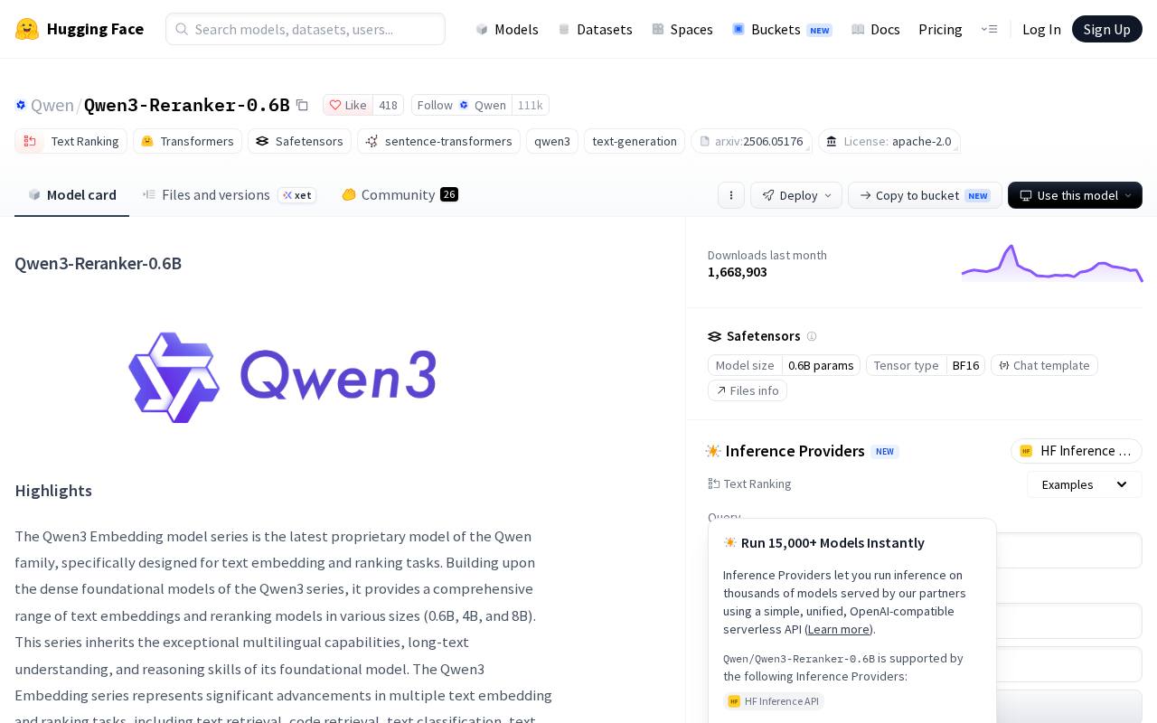 Screenshot of the Qwen3-Reranker-0.6B website