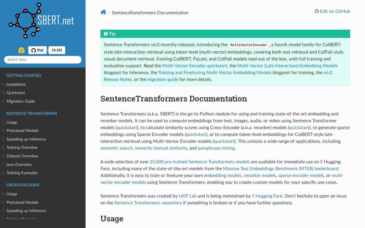 Screenshot of the Sentence Transformers website