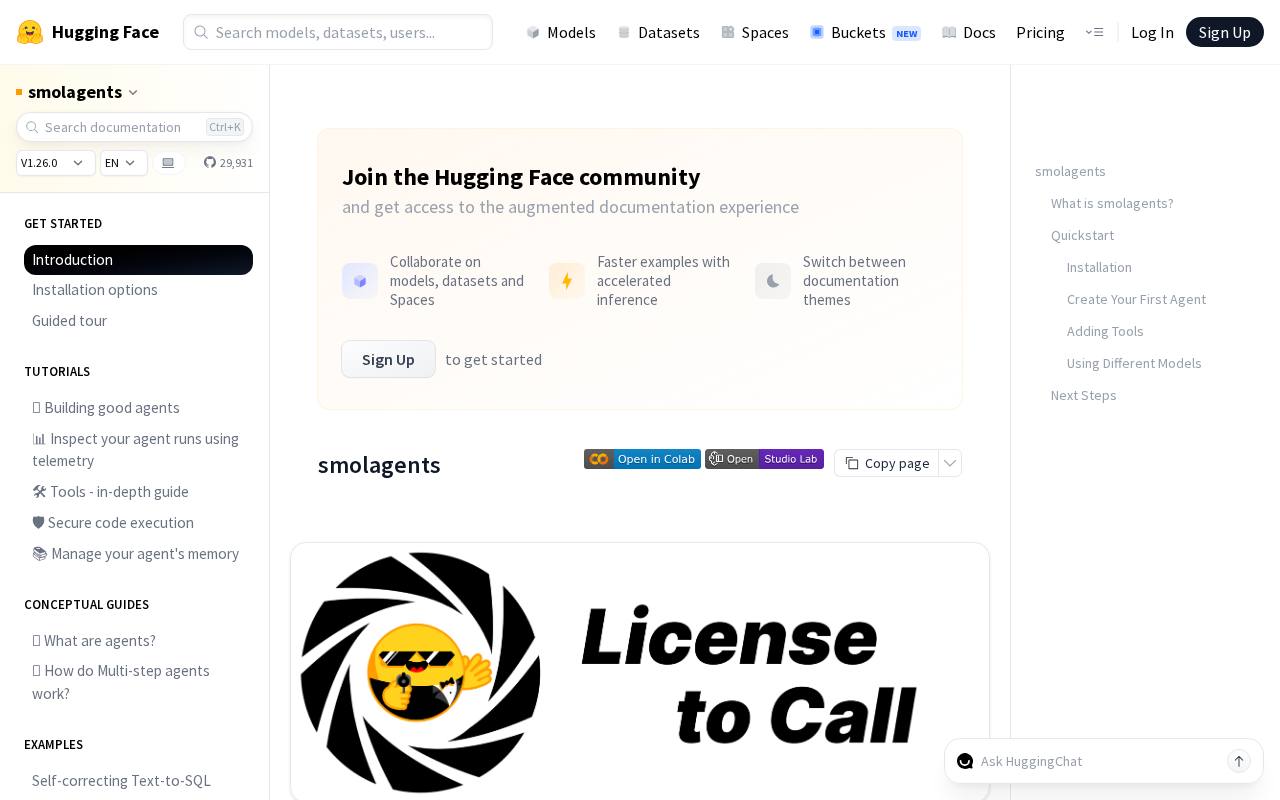 Screenshot of the smolagents website