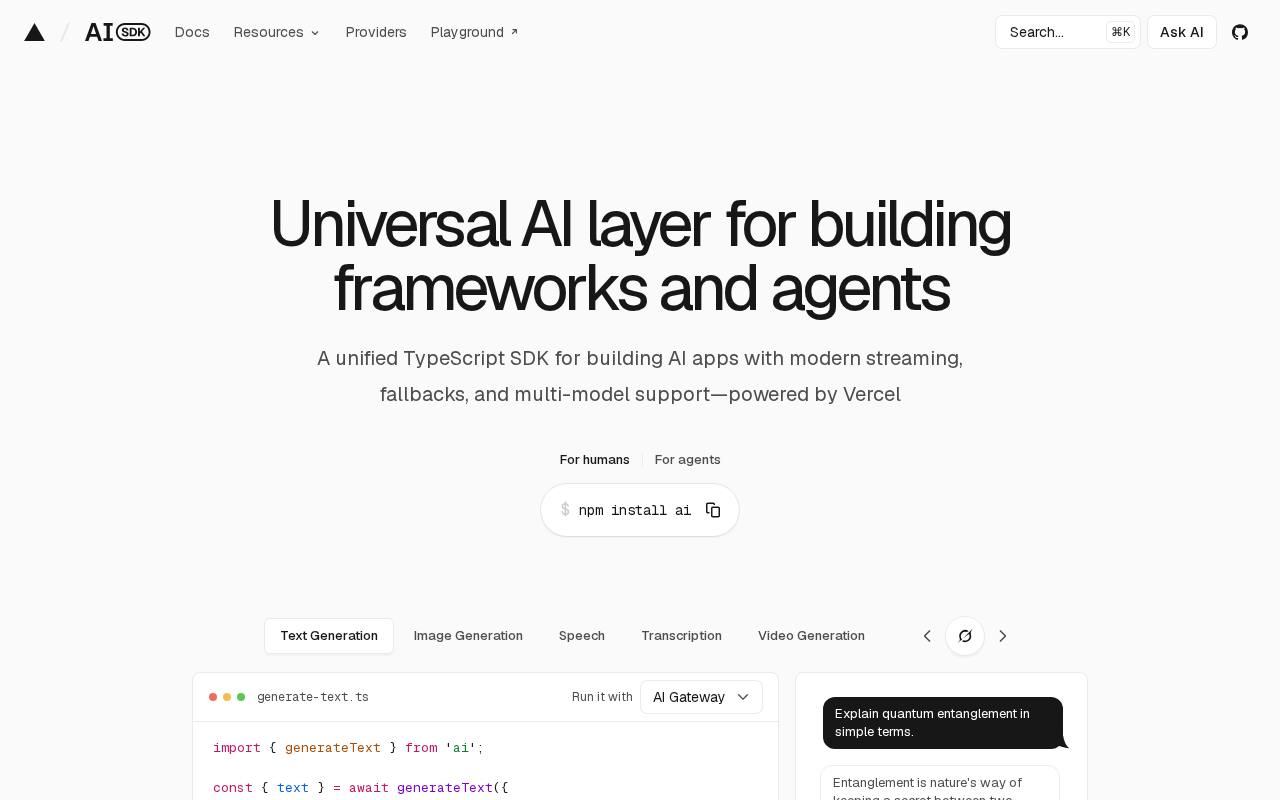 Screenshot of the AI SDK (Vercel) website