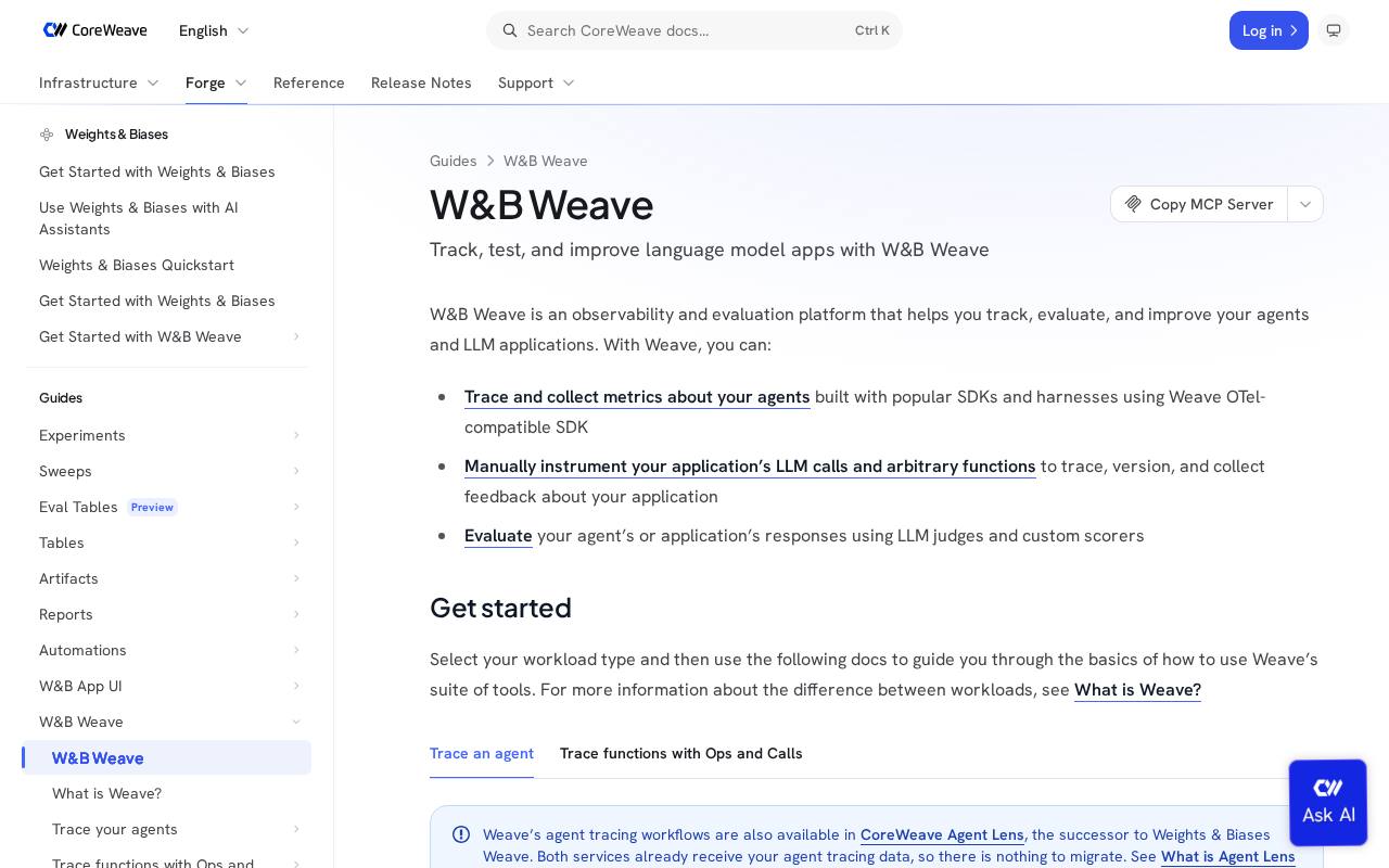 Screenshot of the W&B Weave website